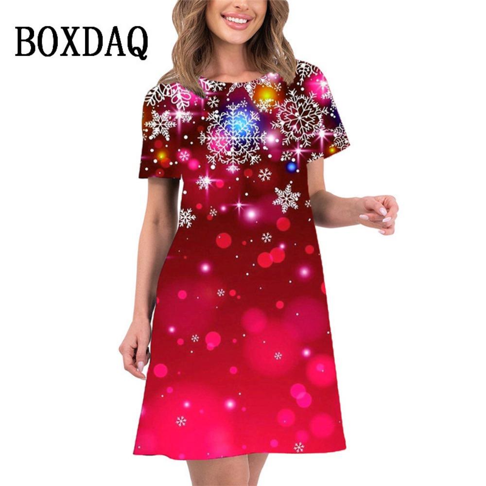 2026 new summer women's elegant christmas tree print mini dress short-sleeved loose casual beach sweet dress