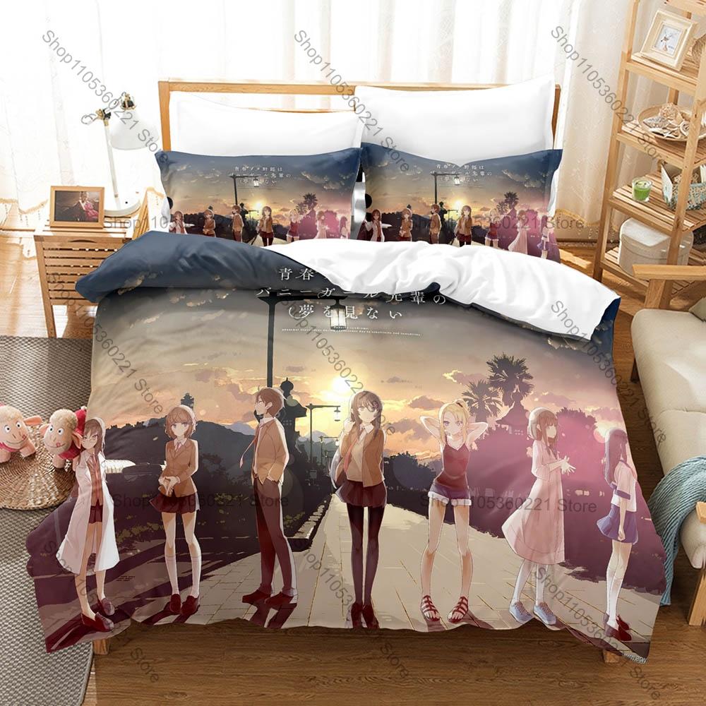 Sakurajima Mai Bedding Set 3Pcs Black Hair Anime Girl Pattern Soft Microfiber For Otaku Fans All Season Bedding