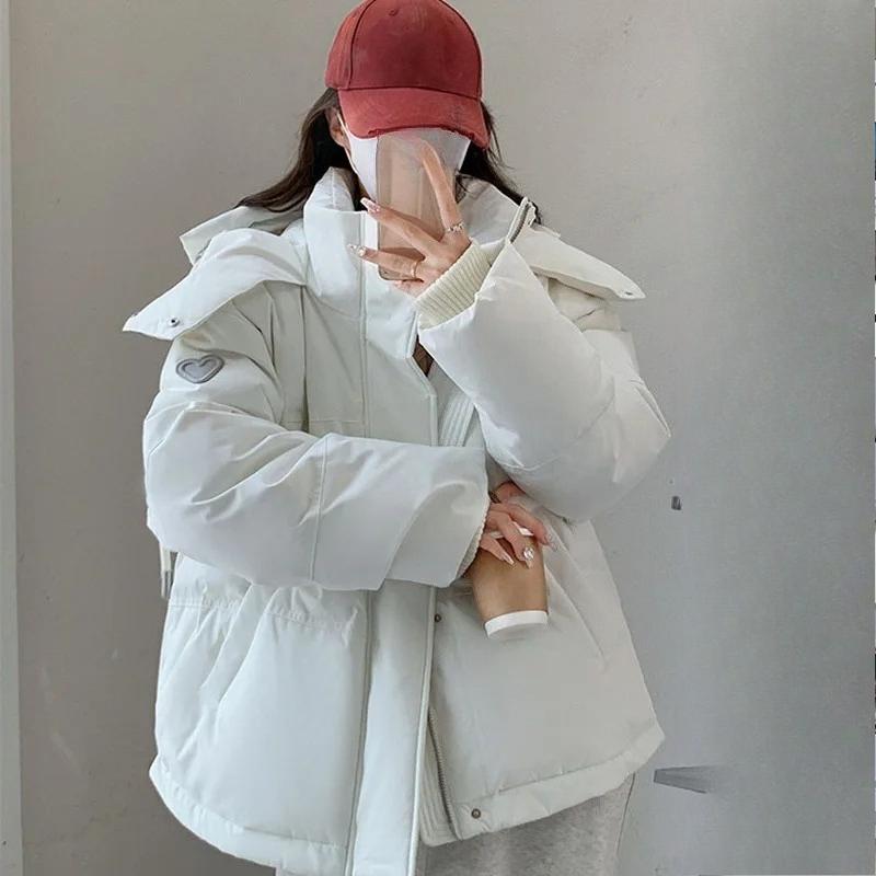 Женская укороченная пуховая хлопковая куртка необычного кроя Harajuku Зимняя парка для пары в стиле "хлеб" Повседневная толстая теплая с капюшоном