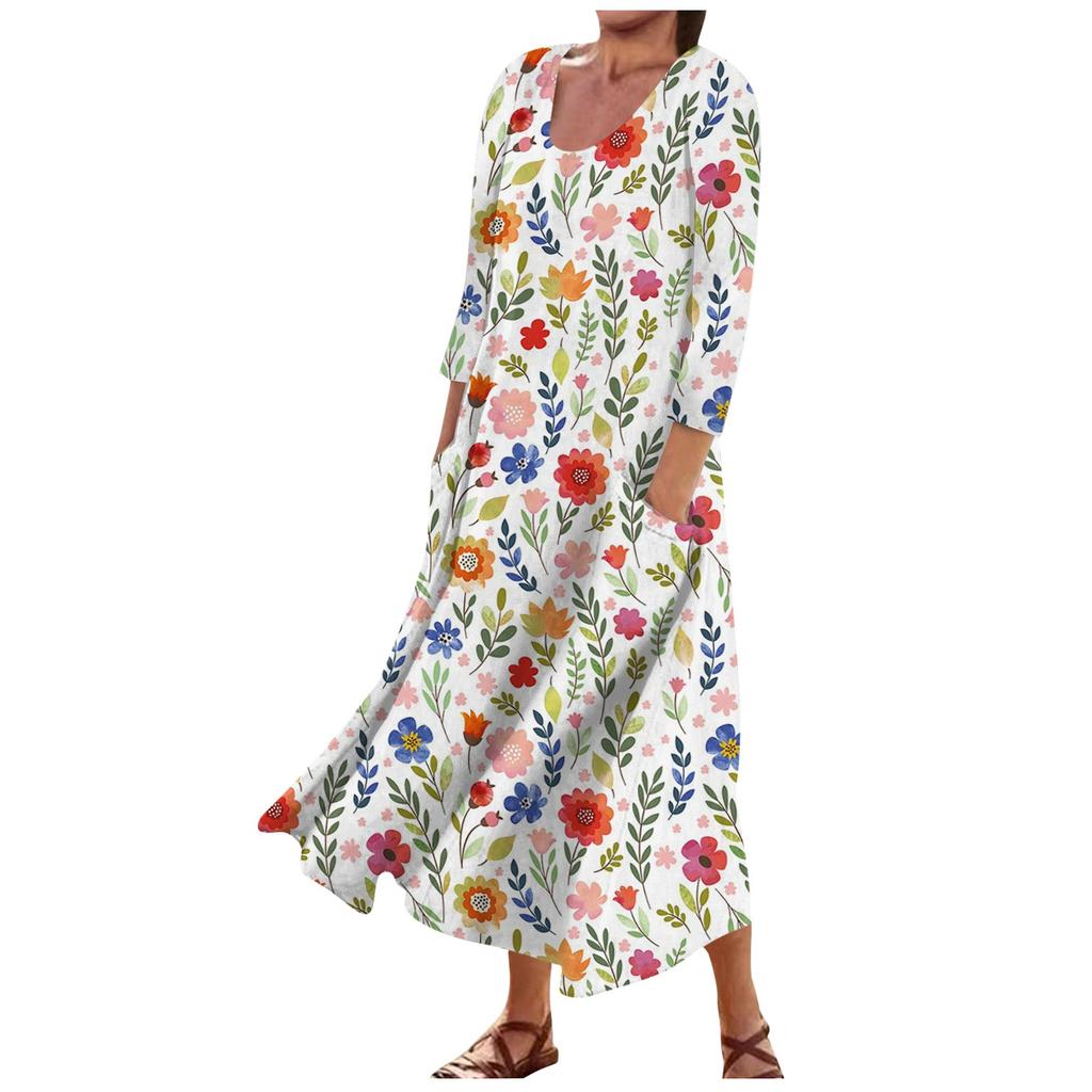 Женское модное повседневное свободное карманное платье с круглым вырезом и рукавами 3/4