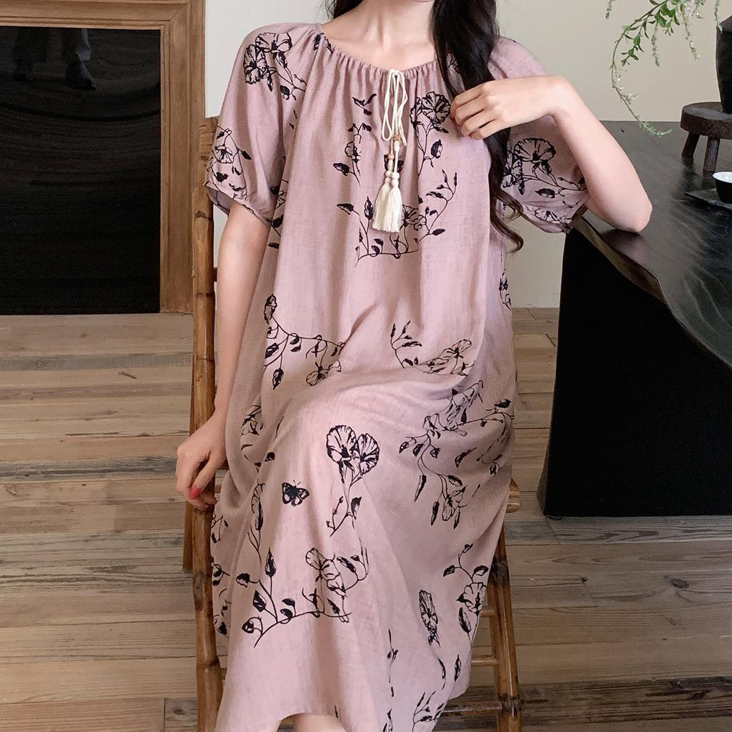New Chinese style printed cotton and silk nightdress for women's summer thin short-sleeved medium and long round neck loose and can be worn outside 