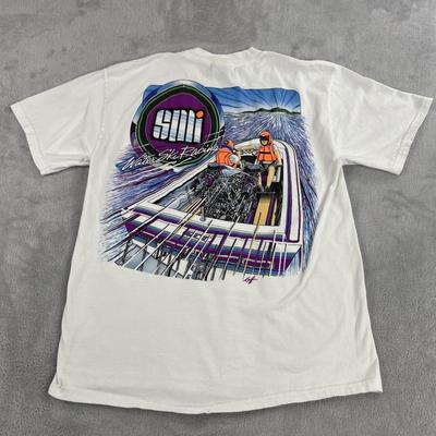 Винтажная футболка для гонок на водных лыжах L Белая Hanes Beefy-T SMI Графическая футболка с лодкой 90-х Унисекс