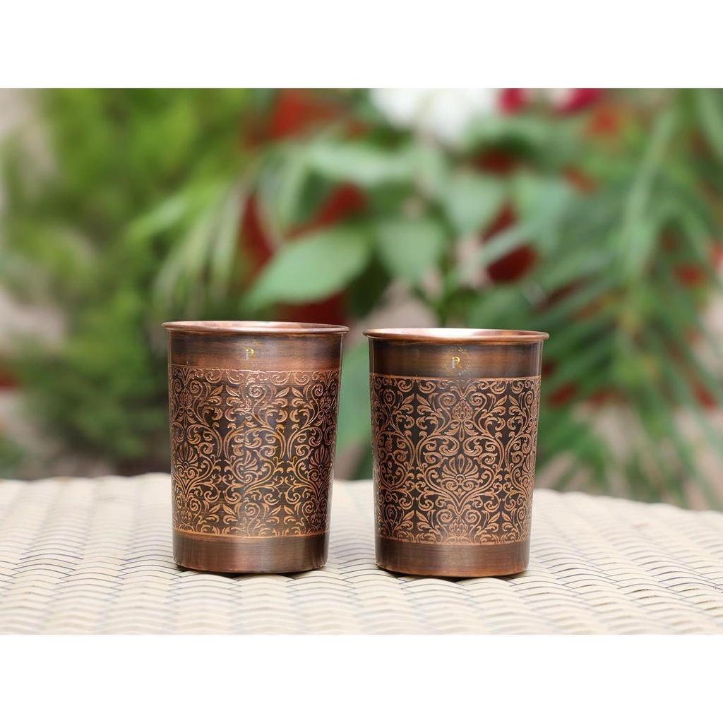 Pure Copper Glasses Gift Box Set of 2 | Hand Made Antique Finish Embosed Tumbler | Glass for Drinking with AYURVEDA Health Benefits