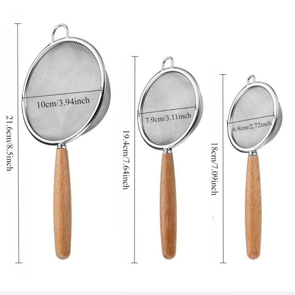 304Beechwood handle stainless steel skimmer Used for baking in the kitchen Fine flour sifting sieve Household Kitchen Soy Milk Filter Baking Tool