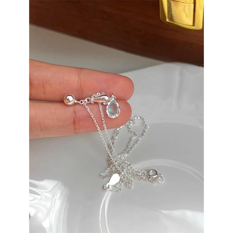 925 Sterling Silver Blue Water Drop Necklace Adjustable Clavicle Chain Ins Silver Necklace
