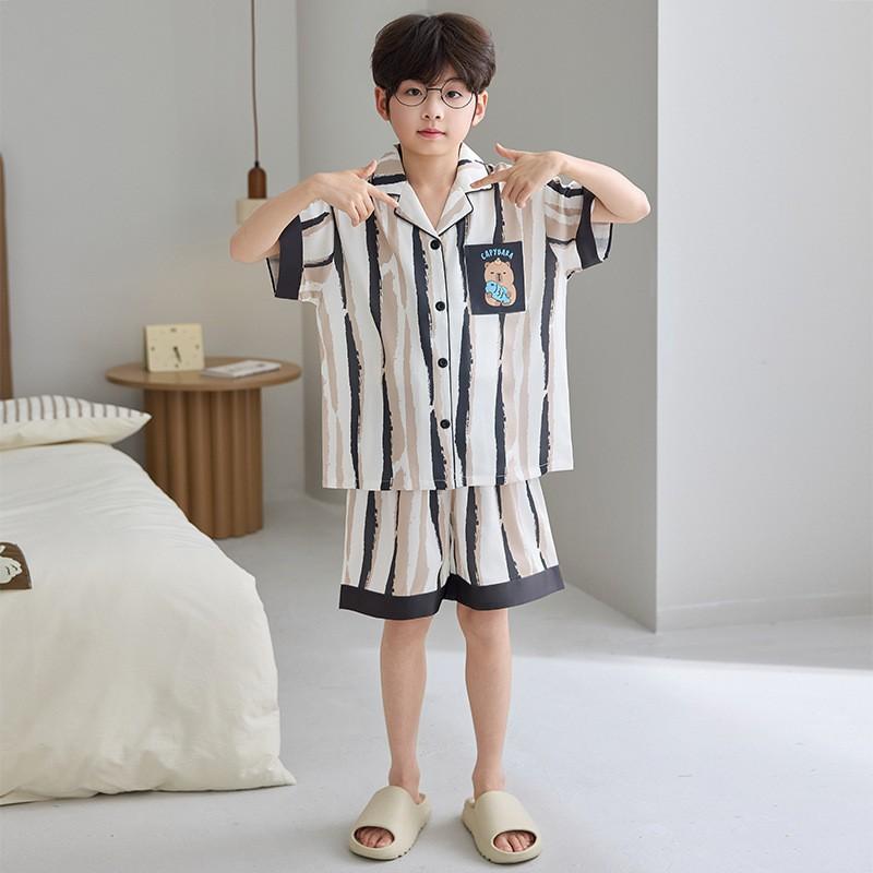 Boys Ice Silk Pajama Set Short Sleeve Shorts Cardigan Cartoon Print Kids Home Wear Ages 8