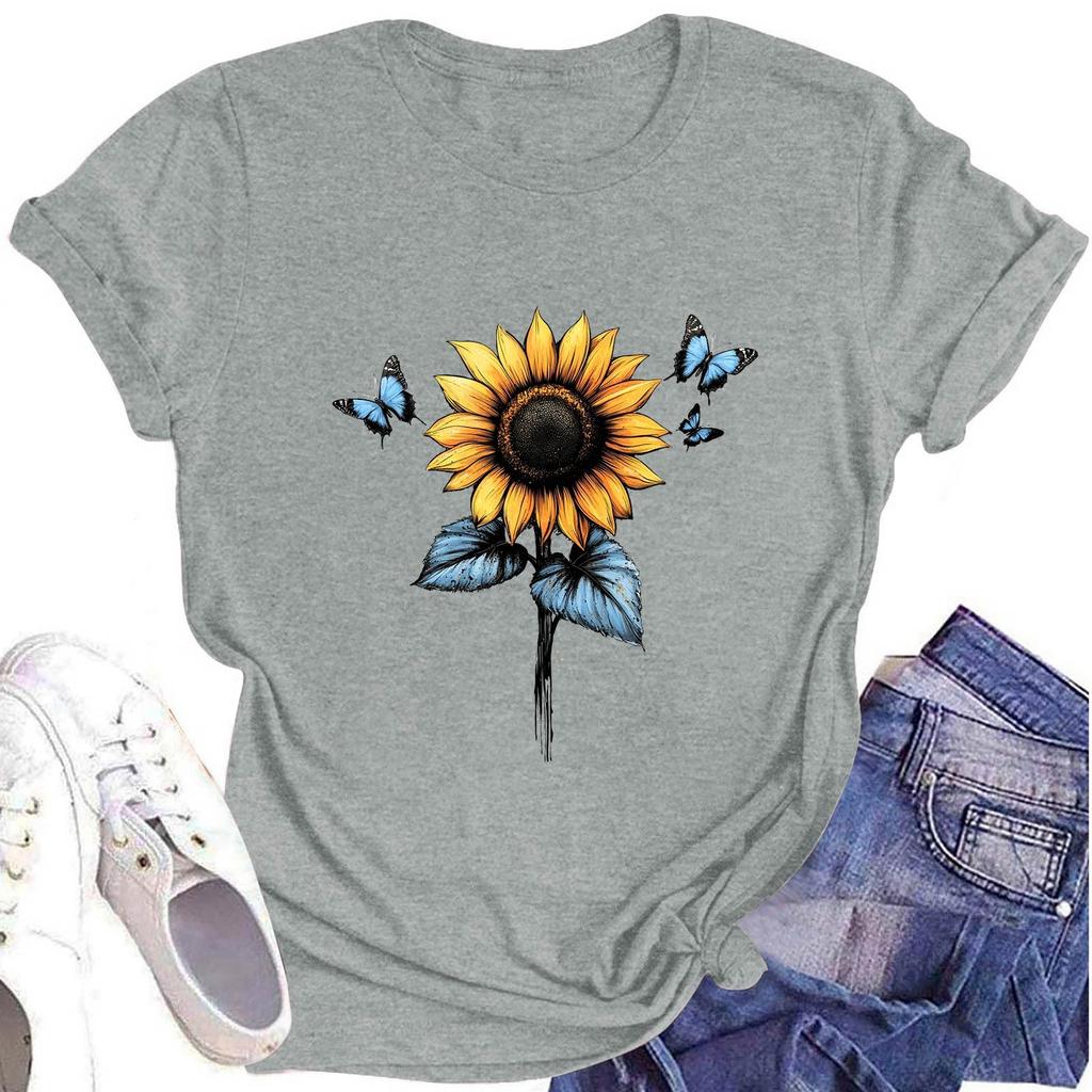 Women's Fashion Round Neck Short Sleeve T-Shirt Sunflower Printed Casual Top