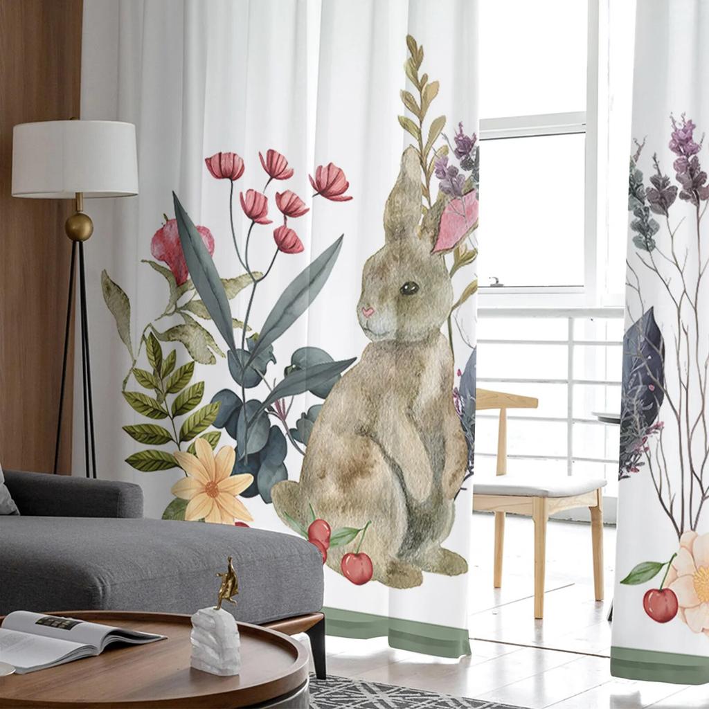 Watercolor Animal Rabbits Flower Plant Sheer Curtains For Living Room Kitchen Window Curtains Bedroom Tulle Voile Curtains