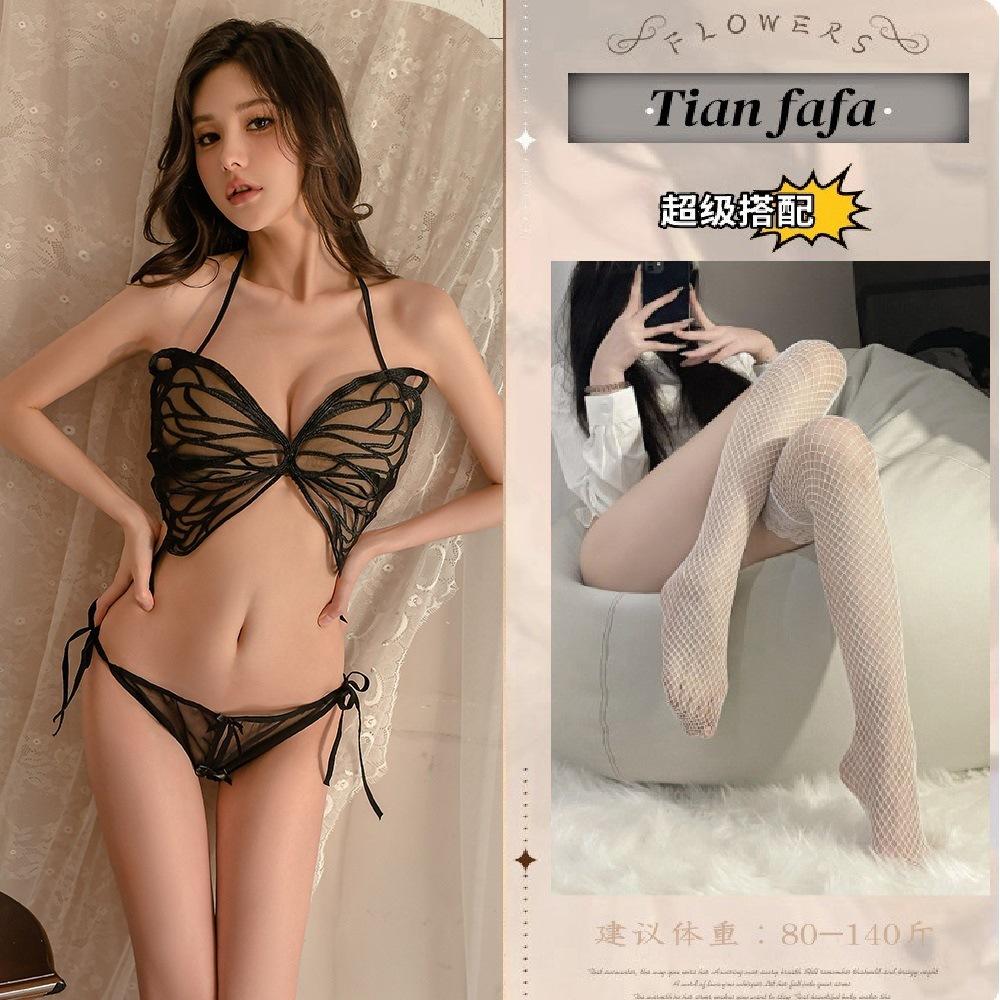 Sex underwear transparent mesh butterfly three-point backless free uniform suit flirting sex underwear women's free