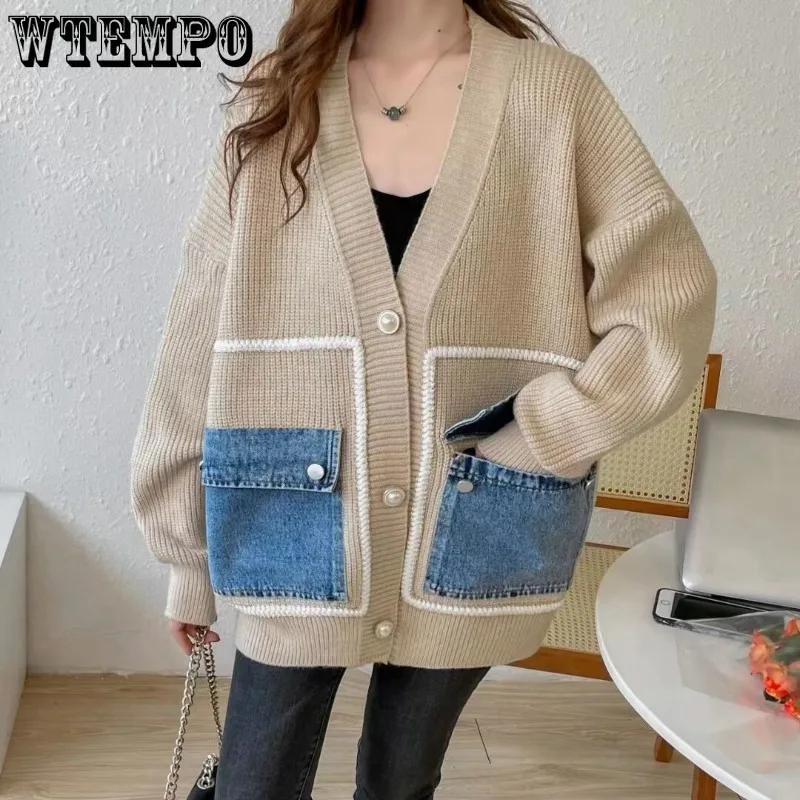 WTEMPO Свободный сплайсированный кардиган женский открытый спереди свитер длинный рукав V-образный вырез трикотажное женское пальто с карманом из денима в стиле пэчворк
