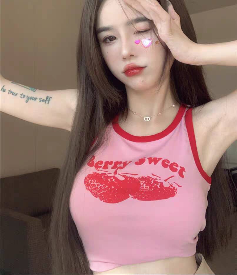 2024 Розовый жилет Y2k с принтом, летний модный винтажный укороченный топ без рукавов с открытыми плечами