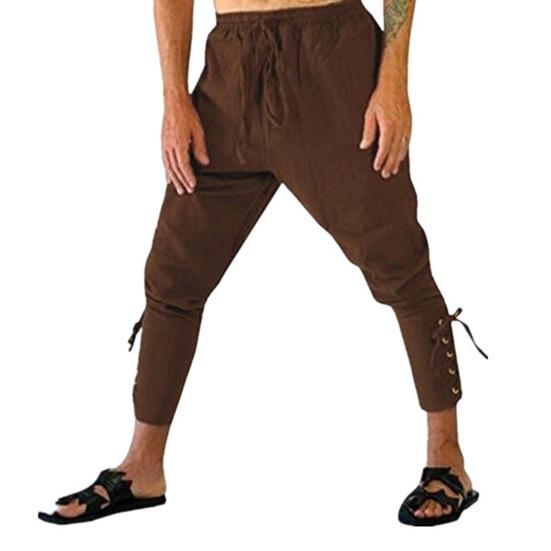 Men Pants Medieval Vikings Pirate Ankle-banded Strap Elastic Loose Waist Pleated Lace-up Solid Color Cropped Trousers Cosplay Performance Costume