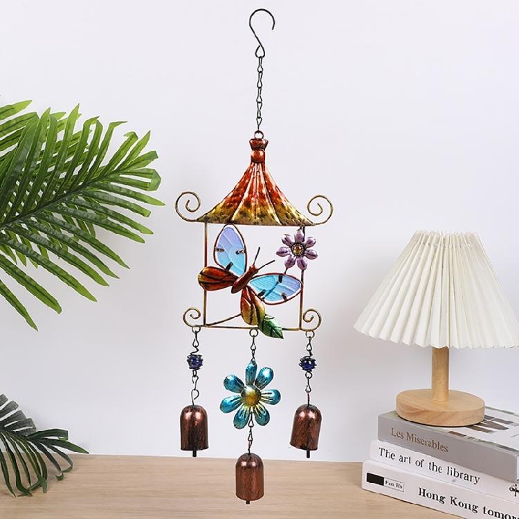 Paitned Bird Butterfly Metal Glass Wind Chimes Garden Wind Catcher for Outside Hanging Pendant Ornament Home Window Decor