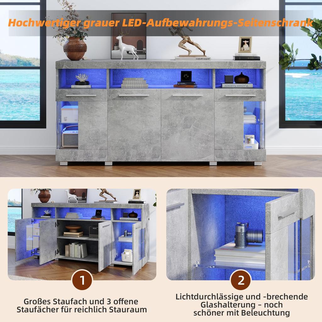 Sideboard Hochglanz Kommode Anrichte Schrank 4 Türen & Offene Staufächer, Mehrzweckschrank Glastüren, Wohnzimmer, Esszimmer, Zementfarbener