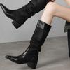 2025 Autumn Retro Chunky Heel Women's Knight Boots - Pointed Toe, Ruched Slouch, English Western Style High Boots