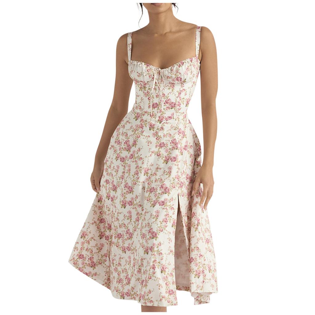 Women's Print Bustier Sundress Floral Print Tie Front Square Neck Split Thigh Dress Beach Strap Sundress