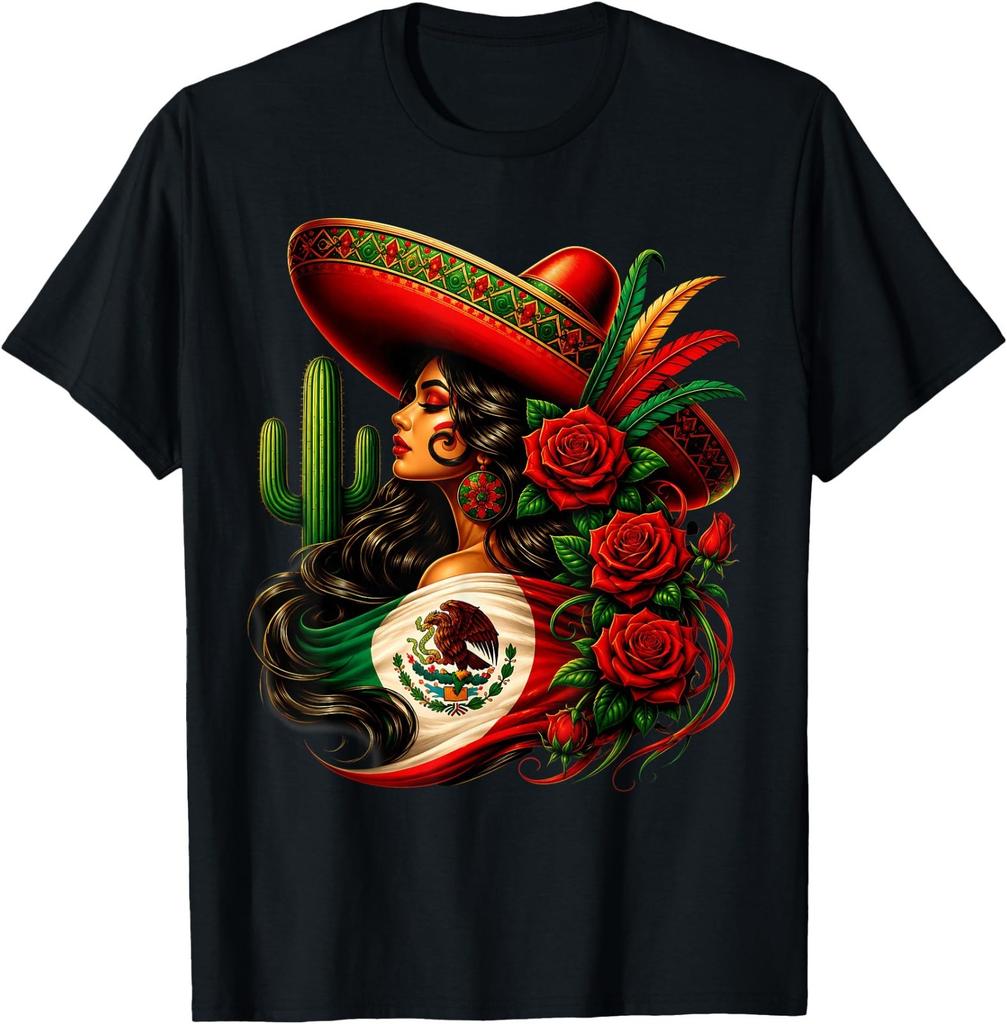 Viva Mexico Mexican Flag Floral Sombrero Fiesta T-Shirt