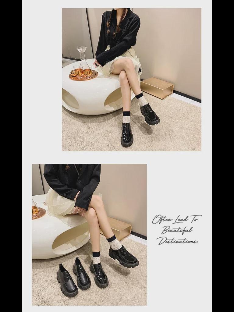 2023 Spring/Summer Women's British Style Platform Leather Loafers: Round Toe, Thick Sole, Lace-up, Casual JK
