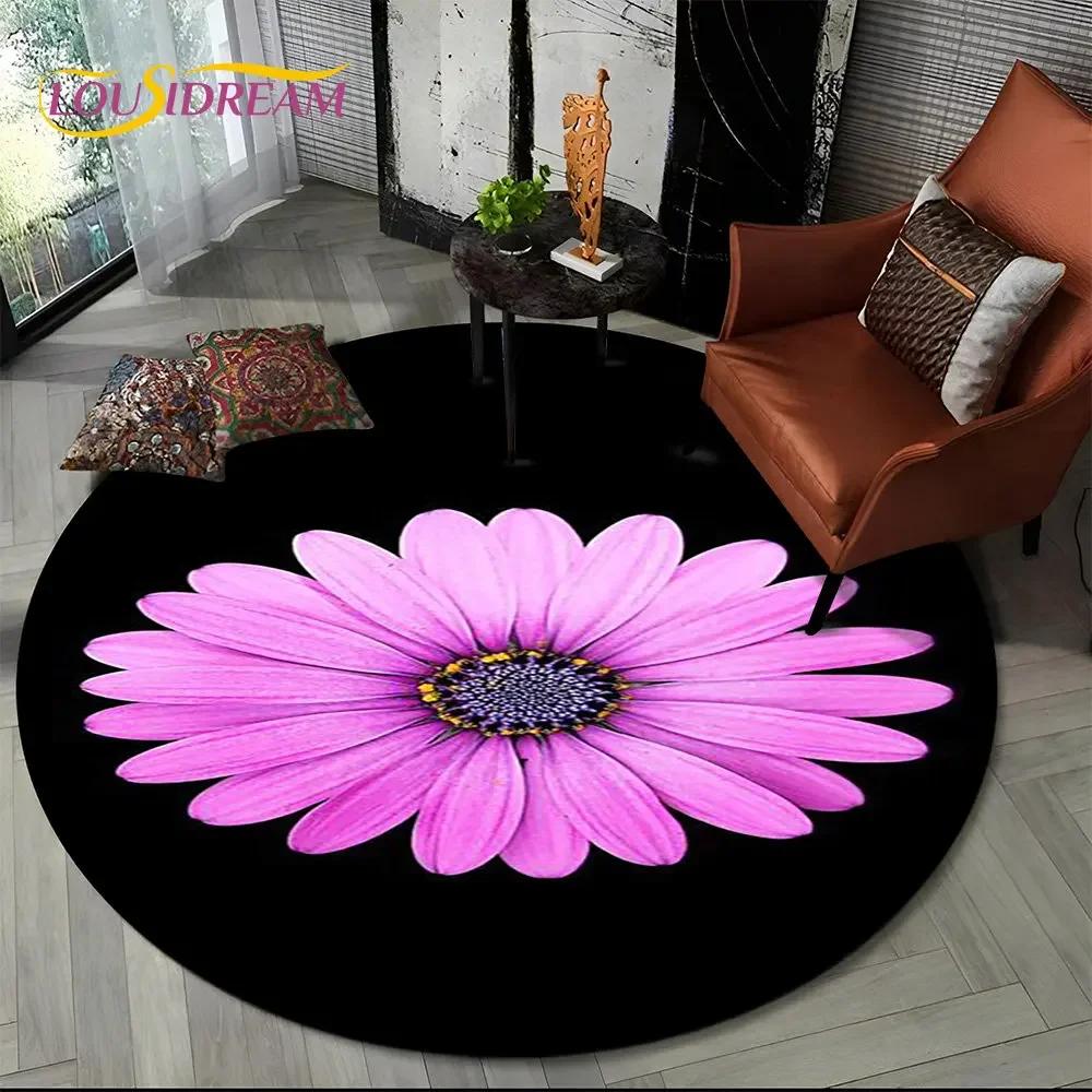 3D Daisy & Sunflower Print Round Rug – Nordic Floral Floor Mat for Living Room, Kids Bedroom or Playroom, Non-Slip Decor