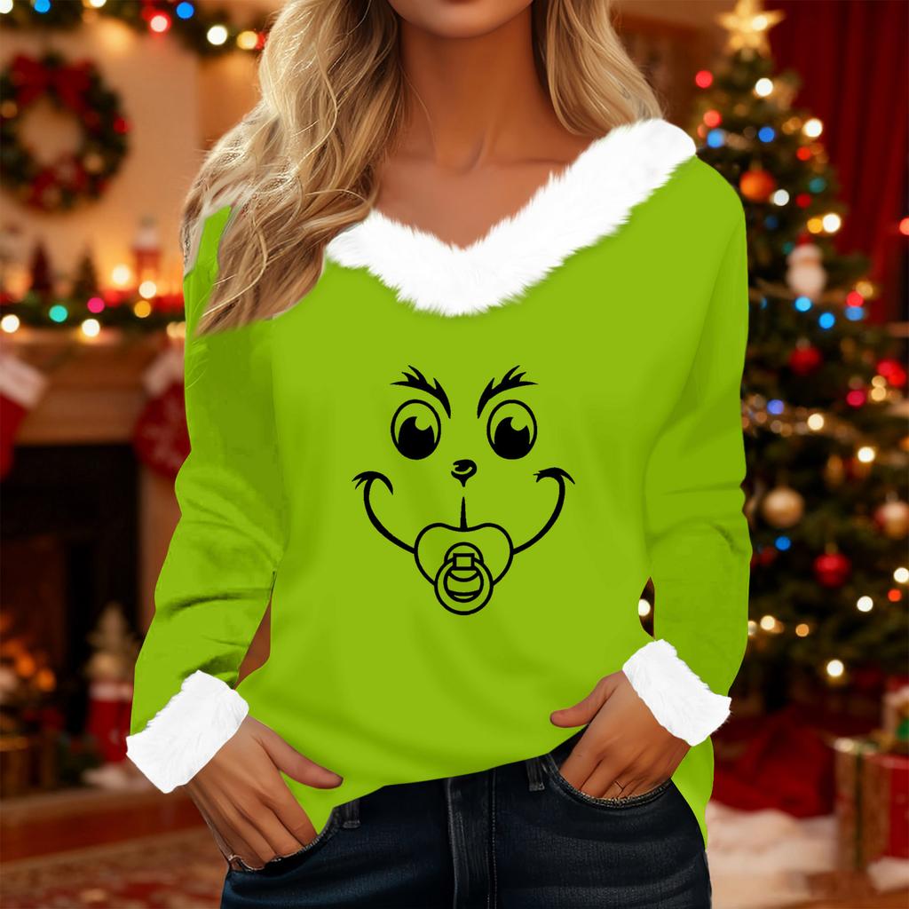 Women's T Shirt Tee Christmas Shirt Long Sleeve Party Christmas Print Fleece Collar V Neck Top
