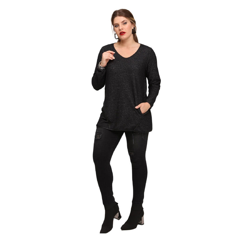 Fierte Женская блузка большого размера Lm43210 с v-образным вырезом, потайным карманом на молнии и длинным рукавом, черная