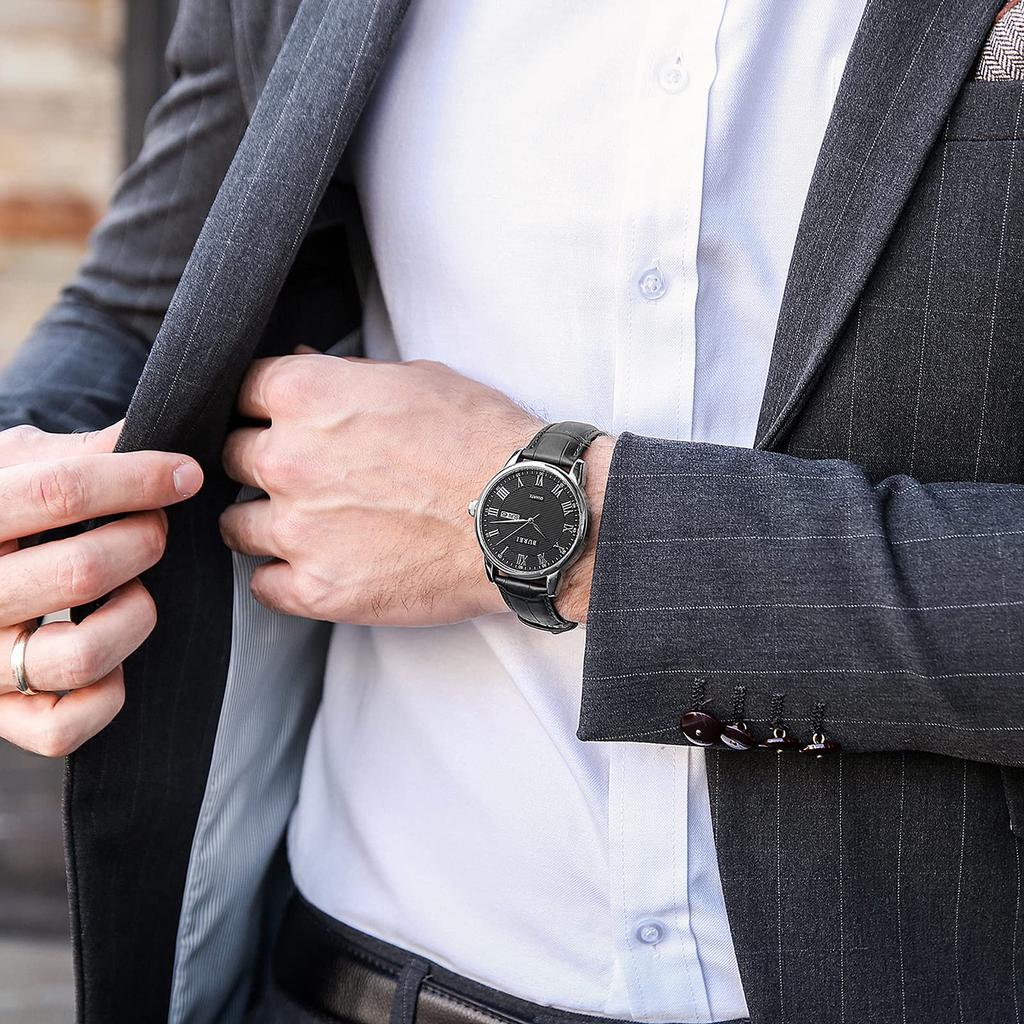 Наручные часы Популярные водонепроницаемые стильные аналоговые наручные часы кварцевые римские цифры брендовые деловые кожаные часы с ремешком [BUREI] мужские серебристо-черные