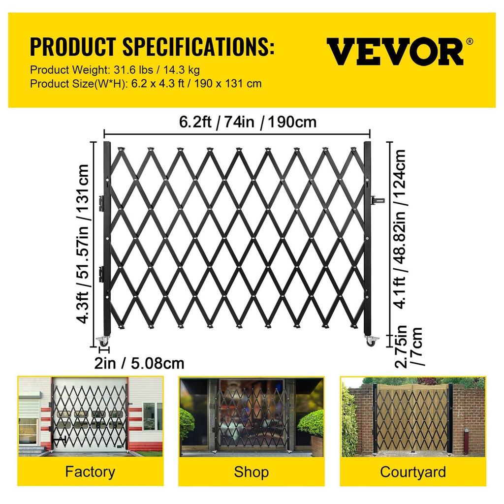 Single Folding Security Gate, 48" H x 71" W Folding Door Gate, Steel Accordion Security Gate, Flexible Expanding Security Gate, 360° Rolling Barricade