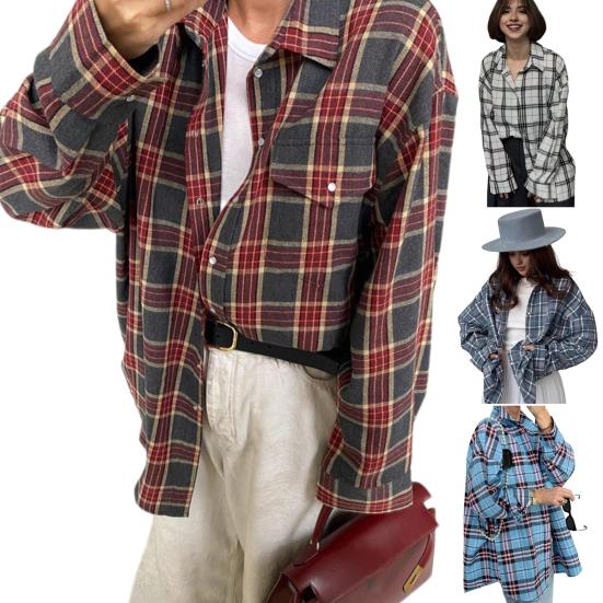 Женская рубашка с длинным рукавом, клетчатым принтом, свободным кроем, карманом-клапаном, планкой на пуговицах, рубашка средней длины