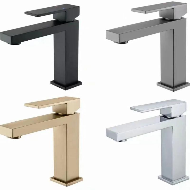 Stainless Steel Square Bathroom Faucet, Single Hole Cold and Hot Water Basin Mixer Tap, Modern Washbasin Sink Faucet for Vanity