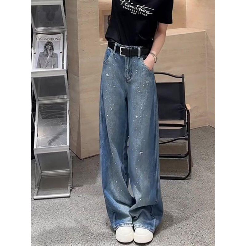 Blue Rhinestone Denim Female Popular This Year New Arrival High Waist Loose Shiny Beautiful All-Matching Straight Loose Pants