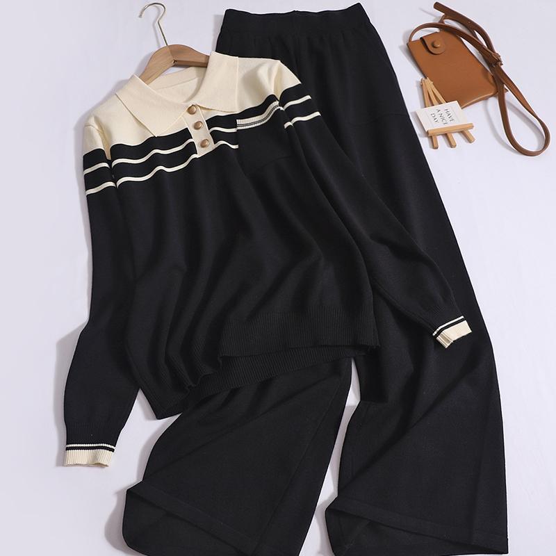Женский повседневный осенний комплект из двух предметов, свободный контрастный цвет, отложной воротник, длинный рукав, широкие брюки с карманами, трикотажный костюм