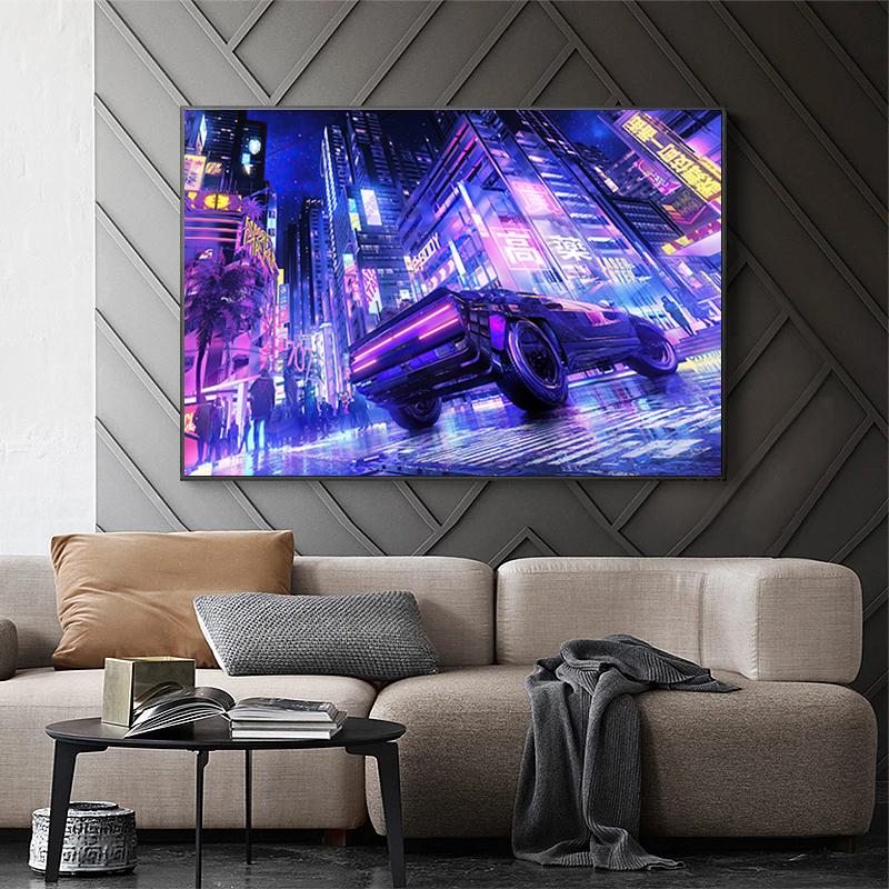 Будущее научно-фантастическое искусство киберпанк постер ночной городской уличный пейзаж холст картина спортивная машина настенная живопись для домашнего декора комнаты