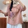 Women Vintage Print Floral T-Shirts O-Neck Seven Sleeve Summer Button Soft Women Loose T-Shirts