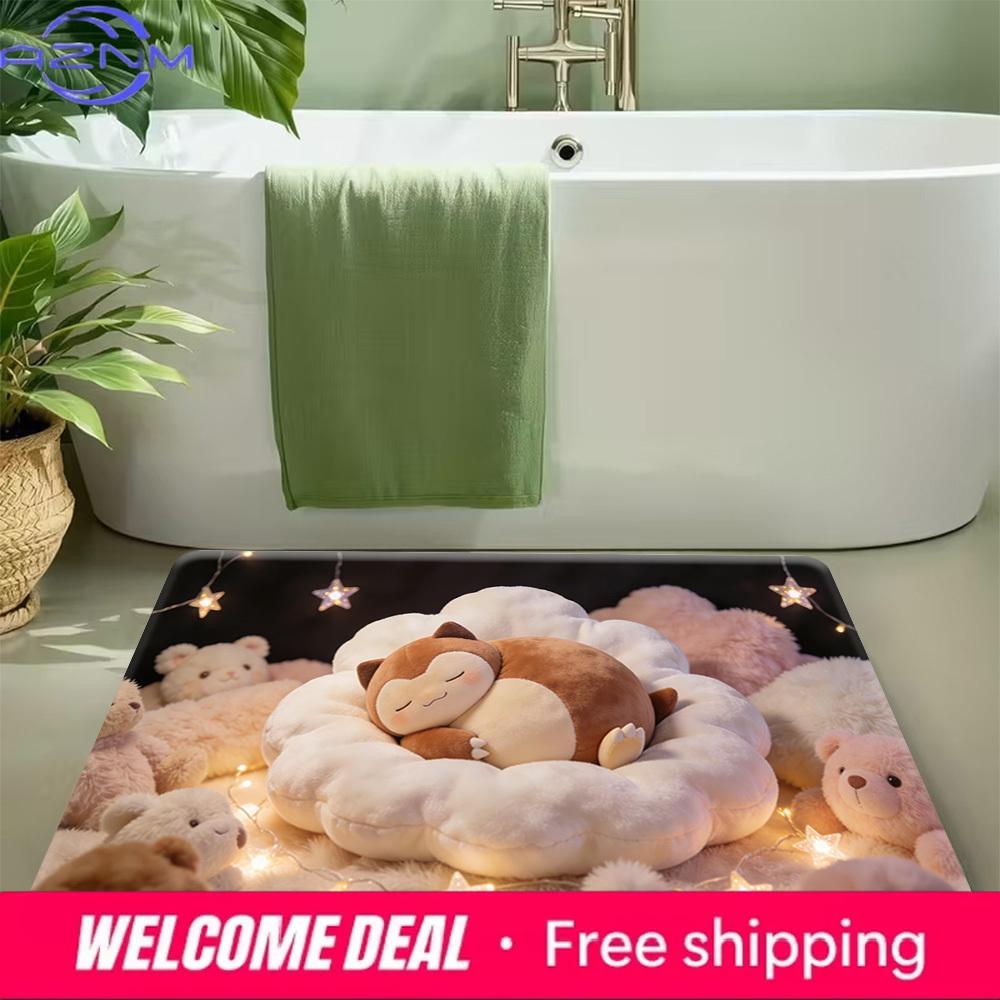 Cute Snorlax Sleeping with Teddy Bears & Star Lights Print Doormat Non-Slip Absorbent Floor Mat for Indoor Entrance