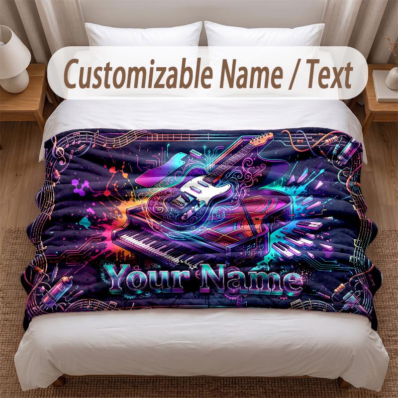 Music Guitar Theme Soft Blanket Personalized Custom Name Text Print Warm Blanket Home Sofa Bedroom Decor