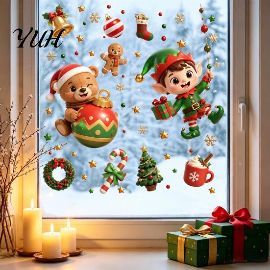 Electrostatic Glass Decals for Holidays 2PCS Christmas Window Static Sticker, Cute Cartoon Elves And Bears Winter Holiday Decorations Print,