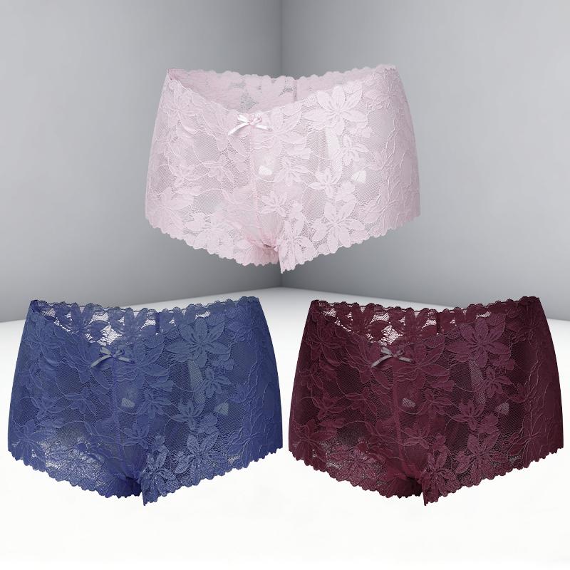 FINETOO 3Pcs Women's Sexy Lace Floral Perspective Boyshorts Solid Color Hollow Out Boxer Panties Female Breathable Transparent Lingerie