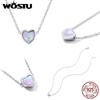 WOSTU Real 925 Sterling Silver Simple Style Shining Opal Heart Pendant Choker Necklace For Women Jewelry Gift