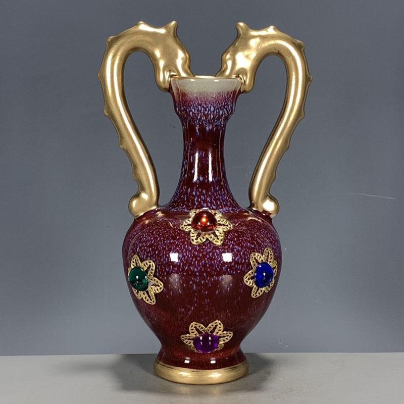 Антикварная коллекция фарфора Цзюнь династии Сун, позолоченная драгоценным камнем керамическая ваза с двумя драконами, украшение для дома, гостиной