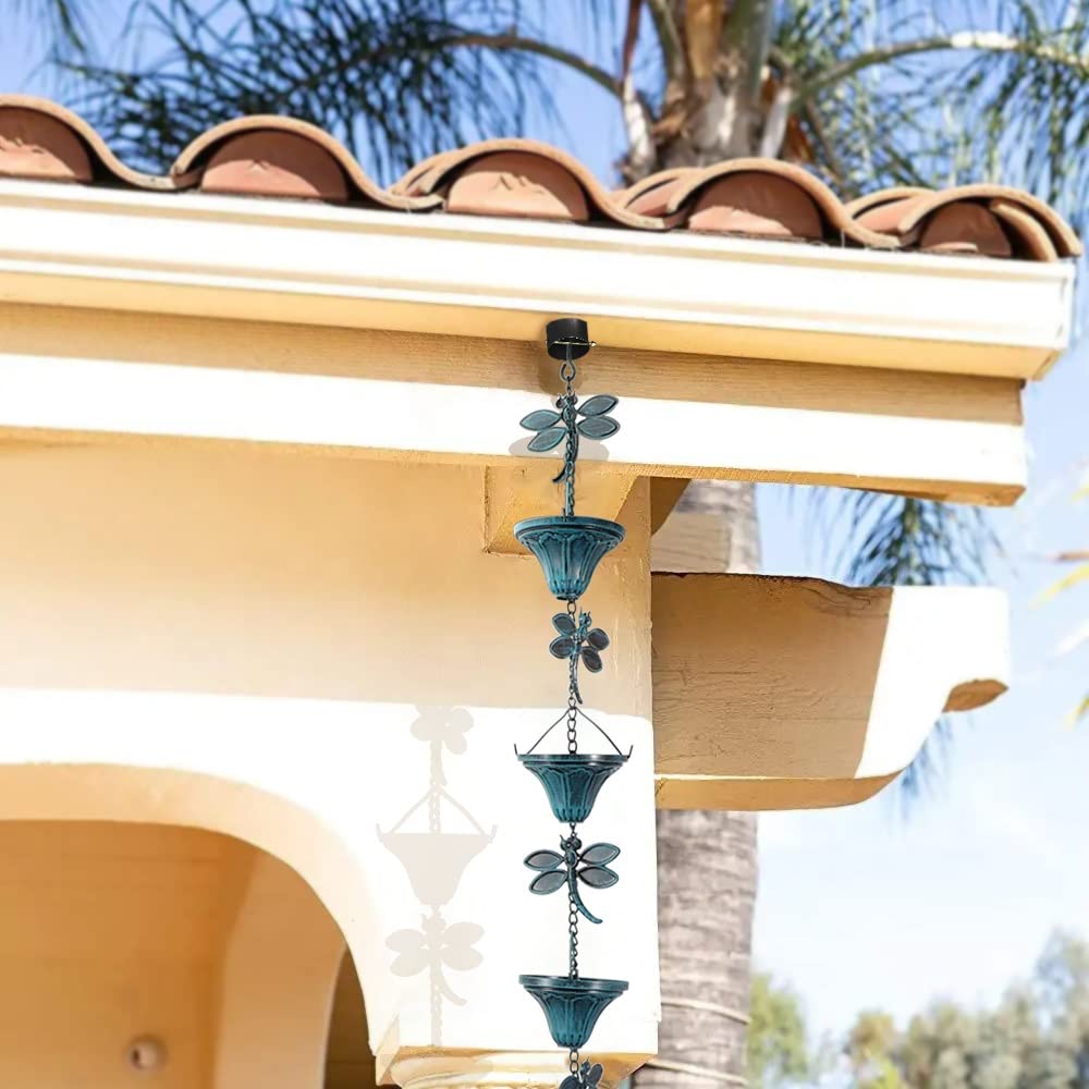 Vindar 2.6m Dragonfly Iron Retro Gutter, Antique Sky Blue, 10pcs Flower Cups, 10pcs Dragonfly Decorative Gutter Chain