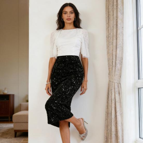 Женская юбка с высокой талией, однотонная, с отделкой пайетками, стройнящая, подчеркивающая форму ног, миди-юбка, для работы, вечеринки, повседневной носки
