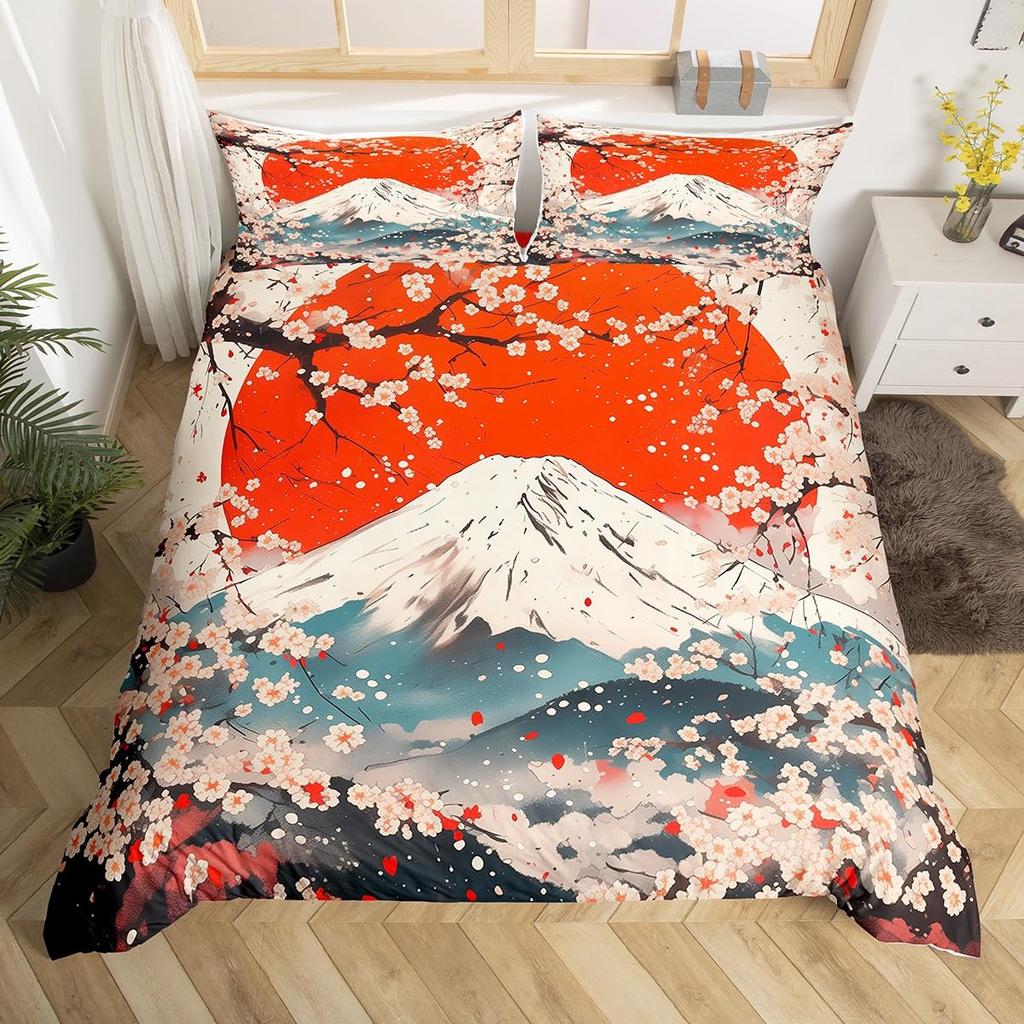 Mount Fuji Duvet Cover Twin Size Kids Cherry Blossoms Comforter Cover Set For Boys Girls Teens Natural Scenery Art Bedding Set