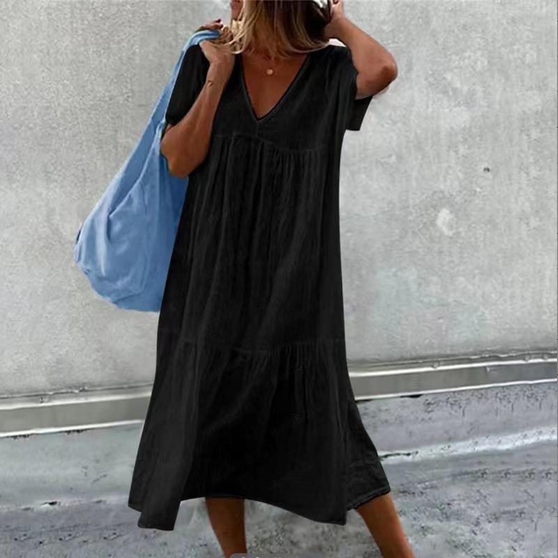 Summer Short Sleeve V Neck Loose Women Dress Elegant Fashion Solid Color Casual Simple A-line Party Long Dress Basic Women's Clothing