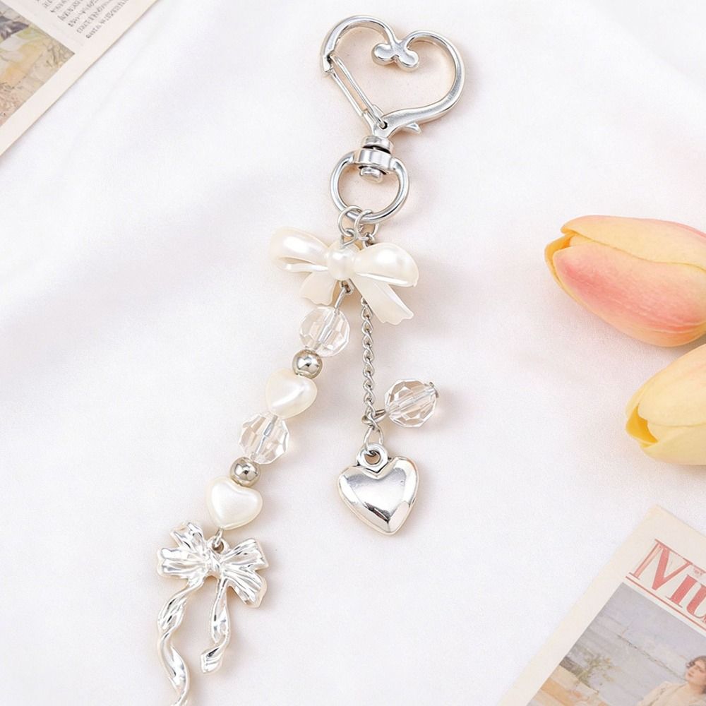 DIY Rhinestone Pendant Zinc Zinc Alloy Bag Charm Cute Pearl Bow Keychain Car Keyring