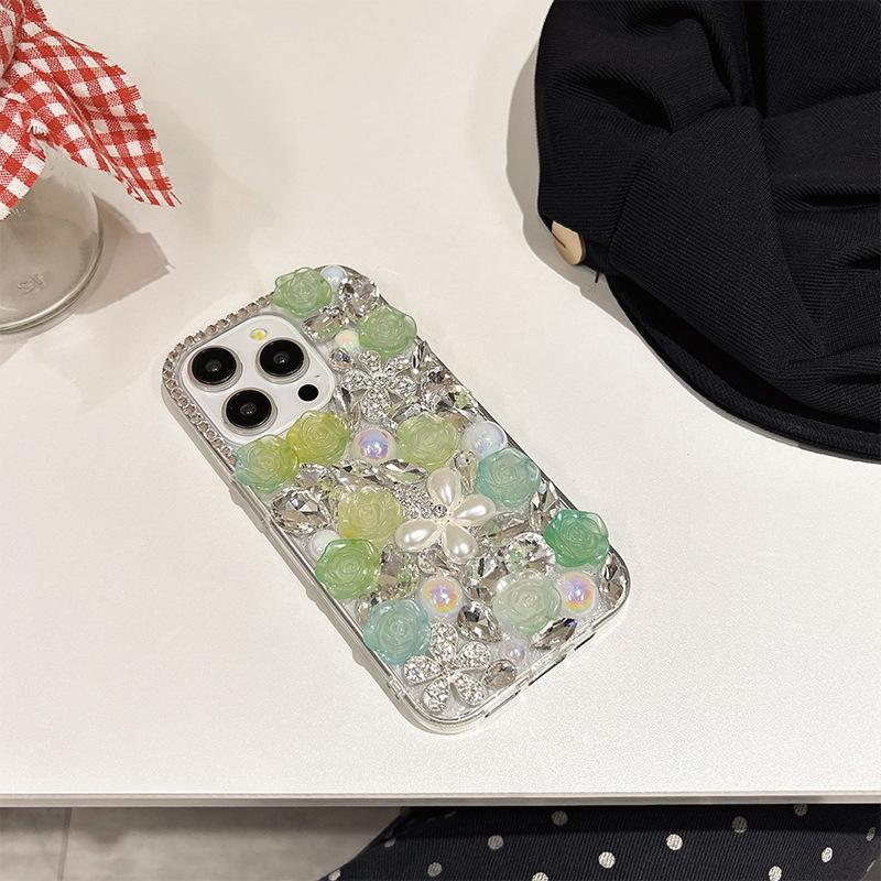 For IPhone17promax Rhinestone Phone Case for Apple 15 Pearl Flower Luxury 14 Rose Flower 13 Hard Case