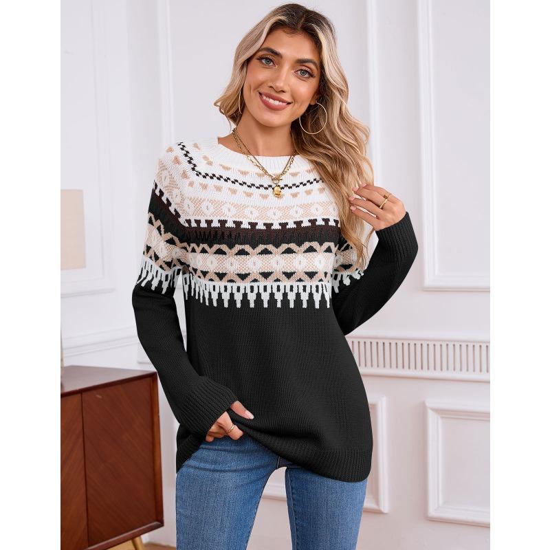 Women S Fair Isle Ethnic Geometric Pattern Round Neck Long Sleeve Pullover Sweater