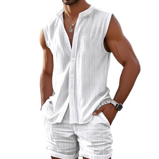 2 шт./комплект мужской летний наряд воротник-стойка без рукавов пуговицы планка рубашка топы широкие шорты комплект из двух частей костюм