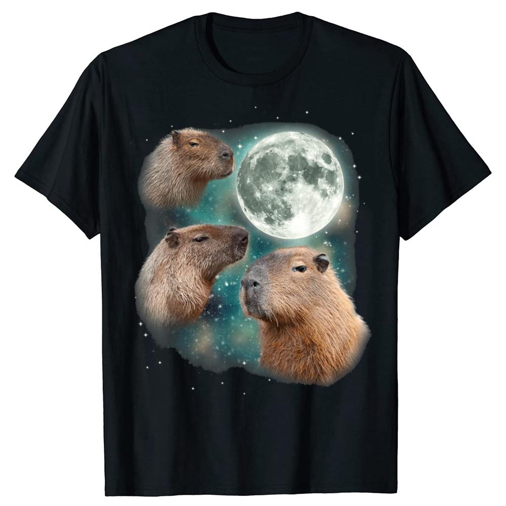3 Capybara Moon Weird Howling T Shirt Funny Cute Animal Unisex Classic Short Sleeves Tee Shirt Fashion Casual Streetwear Tops