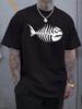 Black Fishbone Graphic T-shirt - Casual Crew Neck Short Sleeve Tee with Bold White Print
