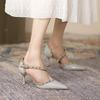 Korean Version of Rivet One Word with Sandals Women Pointed Hollow High Heels Patent Leather Stiletto Single Shoes Women